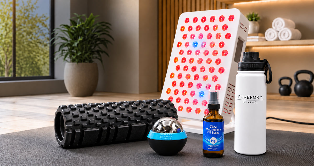 Pureform red light panel, foam roller, massage ball, magnesium spray and water bottle